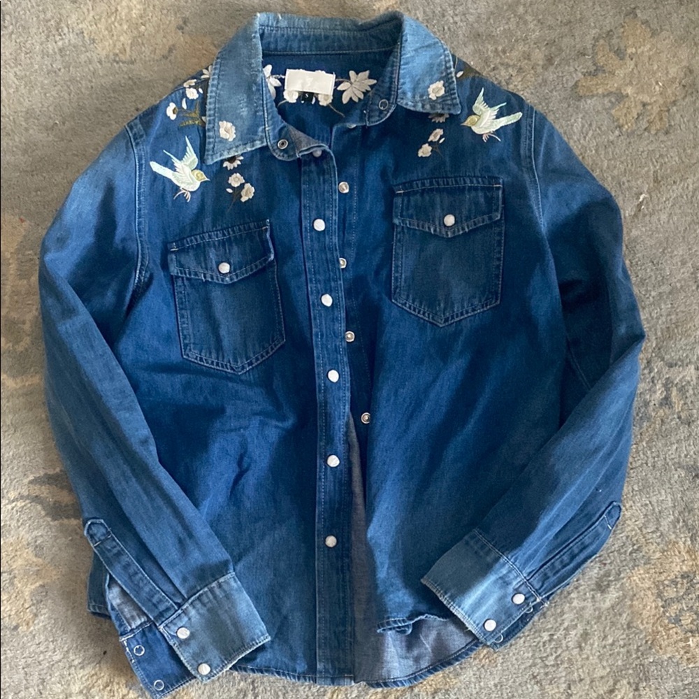 7 For All Mankind Blue Embroidered Denim Shirt